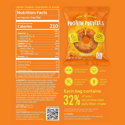 CRISP POWER Protein Pretzels, NEW Cheddar, 25G Protein, High Protein Snack, High Fiber, Low Carb Crunchy Pretzel Snacks, No Added Sugar, 1.75 oz Bags, 6 Pack, Vegan, Keto
