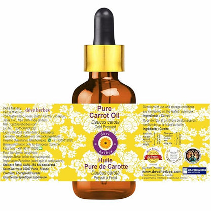 Deve Herbes Pure Carrot Oil (Daucus carota) with Glass Dropper Cold Pressed 30ml (1 oz)
