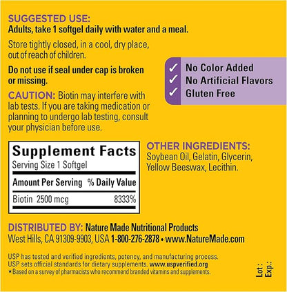 Nature Made Biotin 2500 mcg Extra Strength, Biotin Supplements Support Healthy Hair Skin & Nails, 150 Softgels, 150 Day Supply