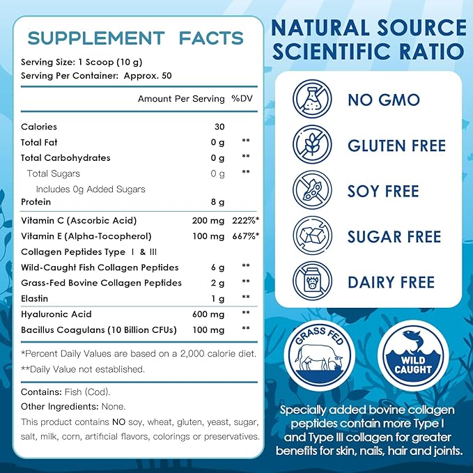 NATURE TARGET Marine Collagen Powder for Women - Multi Collagen Peptides with Hyaluronic Acid & Vitamin C for Hair, Skin, Nails & Joints - Wild-Caught Fish & Grass-Fed Bovine, 50 Servings