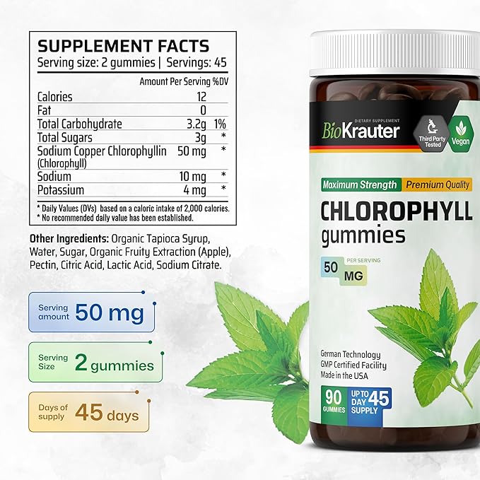 BIO KRAUTER® Chlorophyll Gummies for Body Odor & Detox Support - Vegan Chlorophyll Supplements for Women & Men - Natural internal Deodorant - 90 Detox Gummies, 45 Days of Supply, Apple Flavor, Non-GMO