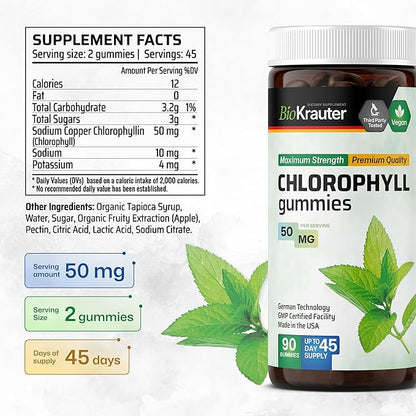 BIO KRAUTER® Chlorophyll Gummies for Body Odor & Detox Support - Vegan Chlorophyll Supplements for Women & Men - Natural internal Deodorant - 90 Detox Gummies, 45 Days of Supply, Apple Flavor, Non-GMO