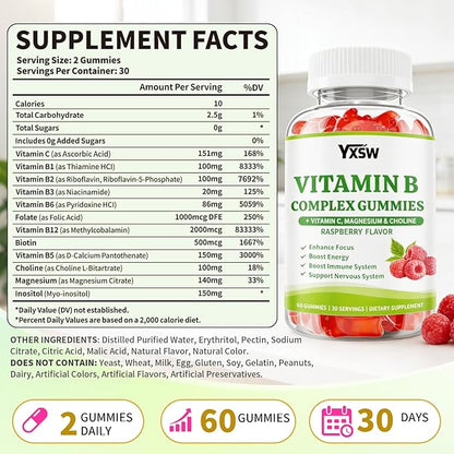 Vitamin B Complex Gummies for Women & Men - Vitamin B12, B1, B2, B3, B5 & B6 -B Complex Vitamin Supplements with Vitamin C,Magnesium & Choline, Raspberry Flavor, 120 Count