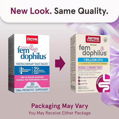 Jarrow Formulas Fem-Dophilus Vaginal Probiotics 1 Billion CFU with 2 Science-Backed Strains, Dietary Supplement for Vaginal & Urinary Tract Support, 30 Capsules, Up to a 30 Day Supply, Shelf-Stable