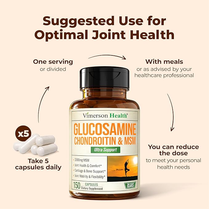 Glucosamine Chondroitin MSM Supplement – 3-in-1 Joint Supplements for Men and Women w/Glucosamine Sulfate 1500mg, Chondroitin Sulfate 1200mg & MSM 2000mg for Joint Health – FSA Eligible 150 Caps