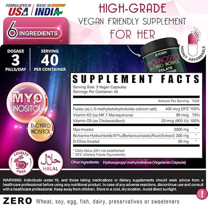 6in1 Premium 40:1 Myo-Inositol & D-Chiro Inositol Supplement for Women with Folate, Berberine HCl 97%, Vitamin D3 & K2 - Hormonal Balance & Ovarian Health Support- 120 Vegan Capsules