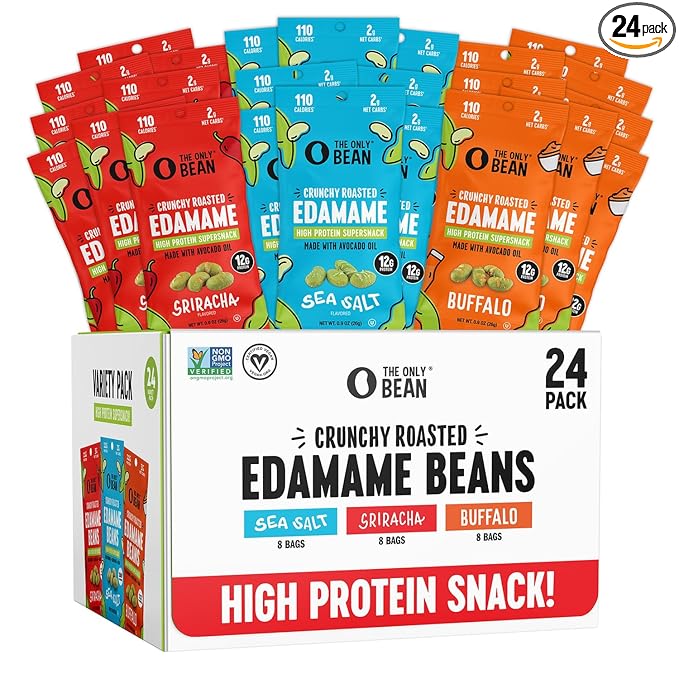 The Only Bean Crunchy Roasted Edamame - Healthy Snacks for Adults and Kids (Variety Pack), Low Carb Keto Snack Food, Vegan Gluten Free High Protein Snacks (11g), Office Snack, 0.9oz 24 pack
