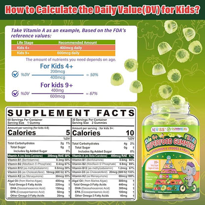 NEVISS Kids 4+ & Teens Super Greens 40-in-1 Gummies w/Multivitamin, Omega3 Iron, D3K2, Picky Eater Organic Super Fruits Veggies Superfood Gummy, Mushroom, Lutein | Immune Bone Brain Energy, Sugar Free