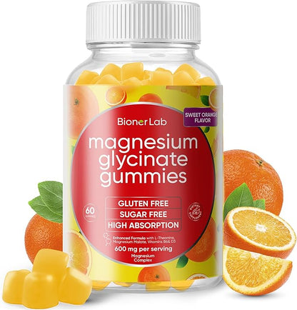 Magnesium Glycinate Chewable Gummies (600mg) for Kids & Adults Women Men - Vegan Complex with Calcium Potassium Vitamin D B6 L-Theanine Advanced Magnesium Complex - Sugar & Gluten Free - Orange Flavor