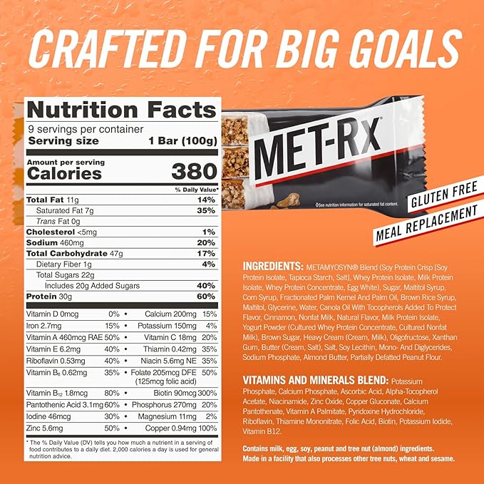 MET-Rx Big 100 Colossal Protein Bars, Vanilla Caramel Churro Meal Replacement Bars, Brown, 9 Count