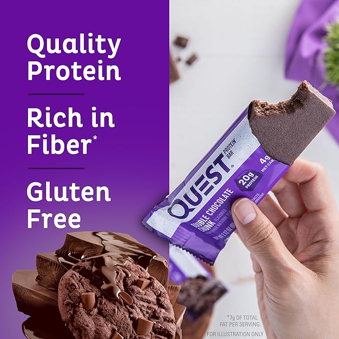 Quest Nutrition Double Chocolate Chunk Protein Bars, 20g Protein Bars, 1g Sugar, 4g Net Carb, Gluten Free, Keto Friendly, 4 Count