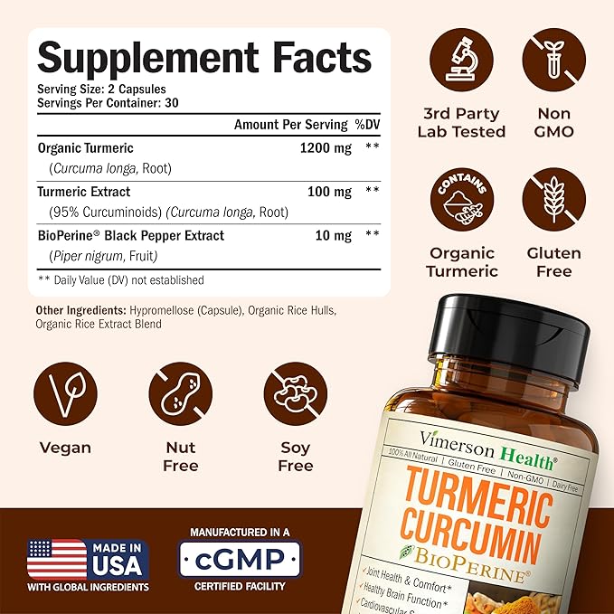 Turmeric Curcumin Supplement - 1200 mg Organic Turmeric + Tumeric Extract (95% Curcuminoids) for Joint Support & Digestive Health - Turmeric Supplement - Pure Curcumin with Black Pepper - 60 Capsules