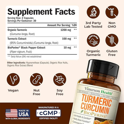 Turmeric Curcumin Supplement - 1200 mg Organic Turmeric + Tumeric Extract (95% Curcuminoids) for Joint Support & Digestive Health - Turmeric Supplement - Pure Curcumin with Black Pepper - 60 Capsules