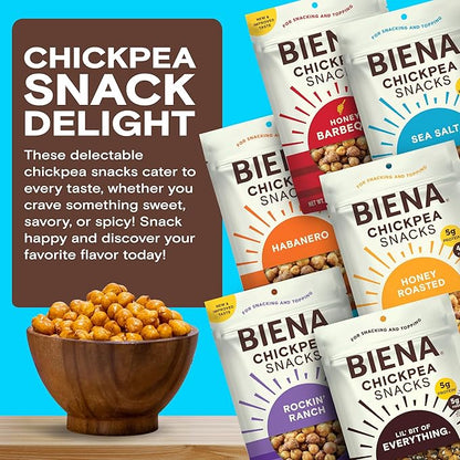 BIENA Chickpea Snacks - Crunchy Roasted Chickpeas - High Fiber Vegan Protein Snack for Adults & Kids - 6-Pack, 5 oz Bags - BBQ, Habanero, Honey Roasted, Lil' Bit of Everything, Sea Salt, Rockin' Ranch