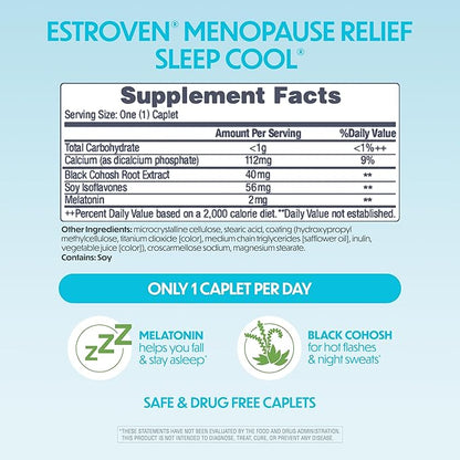 Estroven Sleep Cool for Menopause Relief, 30 Ct, Sleep Support Supplement With Clinically Proven Ingredients to Relieve Menopause Symptoms plus Night Sweats & Hot Flash Relief, Drug-No & Gluten-No