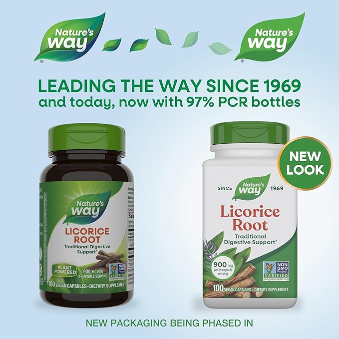 Nature's Way Licorice Root, Traditional Digestive Support Supplement*, 900 mg per 2-Capsule Serving, Non-GMO Project Verified, 100 Vegan Capsules (Packaging May Vary)