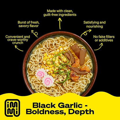 immi Black Garlic “Chicken” Ramen – Bold Flavor, Chewier Noodles & High Protein – Vegan, Keto-Friendly Ramen Noodles – Low Carb, Zero Sugar – Healthy Plant-Based Ramen Bowl, 6-Pack