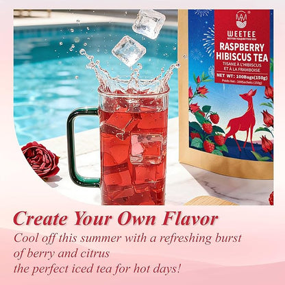 WT WEETEE Raspberry Hibiscus Herbal Tea Bags 100 Count, Hibiscus, Lemongrass & Rosehip Blend with Natural Raspberry Flavor, Caffeine Free, Hot or Iced Tea