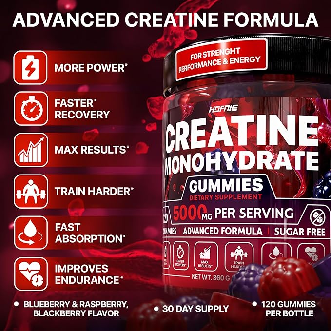 Creatine Monohydrate Gummies 5000 mg – Vegan, Sugar-Free Pre Workout Creatine for Men & Women – Raspberry & BlackBerry Flavored Chewable Creatine Monohydrate, 120 Gummies (30-Day Supply)