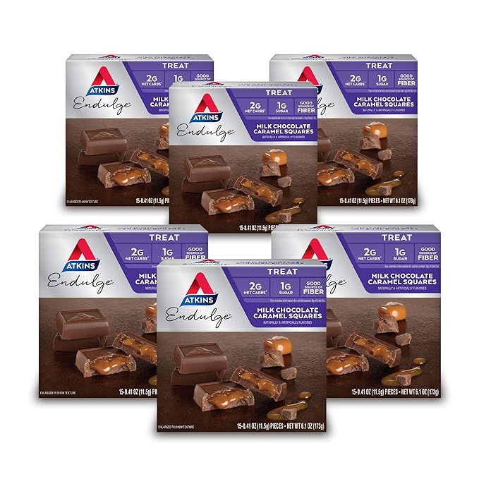 Atkins Endulge Milk Chocolate Caramel Squares, Dessert Favorite, Good Source of Fiber, 1g Sugar, 90 Count