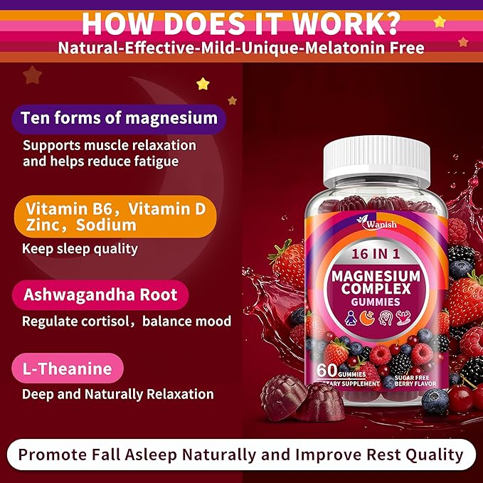 2 Packs-Magnesium Complex Gummies for Women Men，16 in 1 Calm Magnesium Gummy with Glycinate Citrate Malate Taurate - Ashwagandha, L-Theanine, D3&Zinc for Relaxation, Sleep, Muscle&Heart Support, Berry