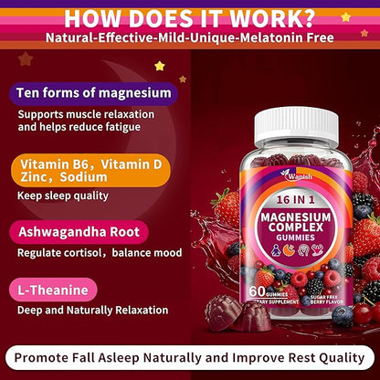 2 Packs-Magnesium Complex Gummies for Women Men，16 in 1 Calm Magnesium Gummy with Glycinate Citrate Malate Taurate - Ashwagandha, L-Theanine, D3&Zinc for Relaxation, Sleep, Muscle&Heart Support, Berry