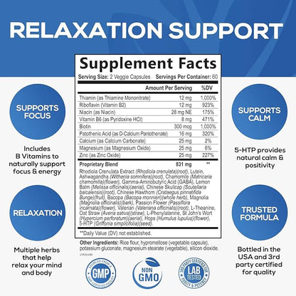 Stress Support Supplement - Extra Strength Ashwagandha, GABA, Magnesium, L-Theanine for Relief - Supports Mood & Focus - Naturally Calm, Unwind & Relax - Eases Tension & Nervousness - 60 Capsules