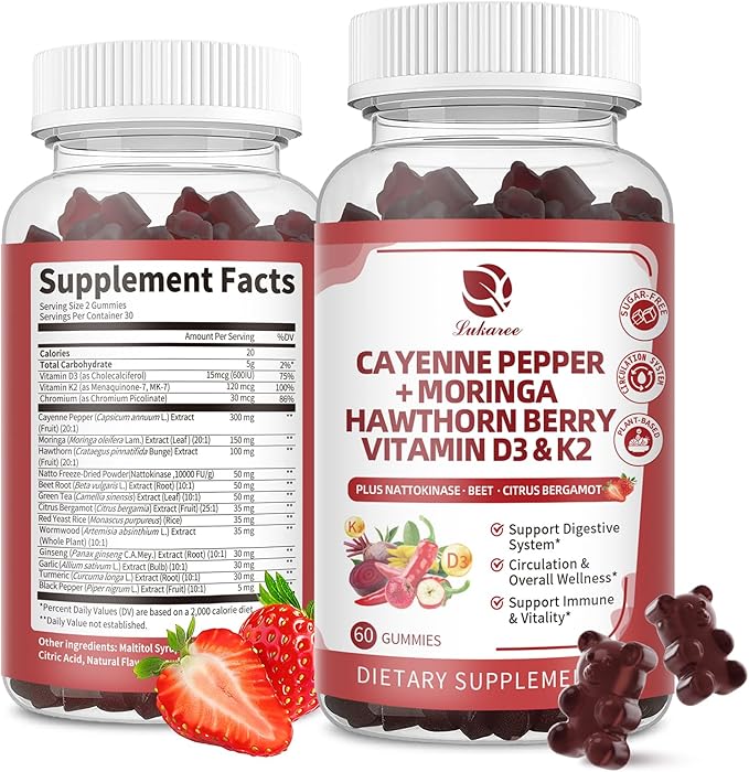 Lukaree 16 in 1 Cayenne Pepper Gummies- Sugar-Free Capsaicin Supplements Complex w/Moringa, Hawthorn, Beet Root - Plus Wormwood, Citrus Bergamot Support Circulation* & Overall Wellness* - 60 CT
