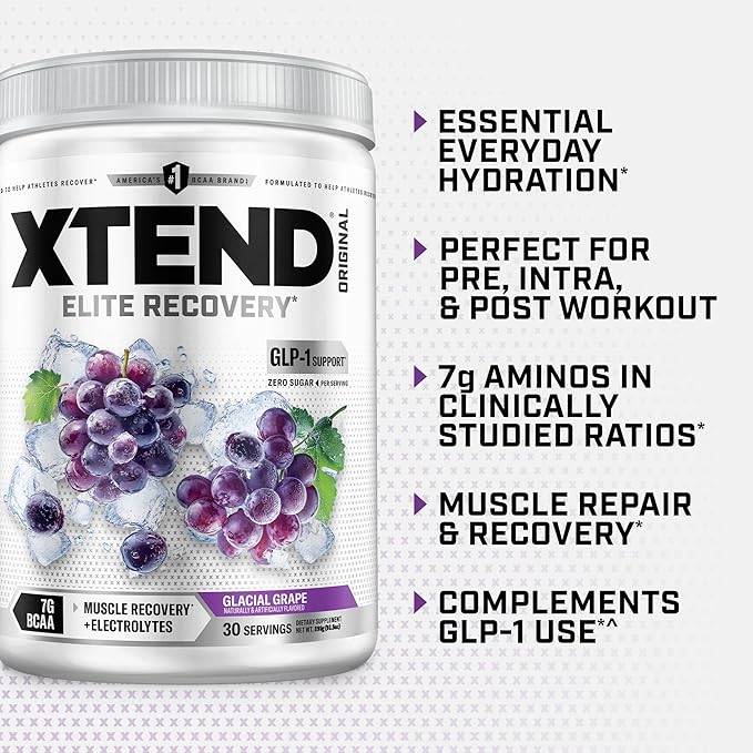 Xtend Original BCAA Powder, 7g BCAAs and 2.5g L-Glutamine for Muscle Recovery Hydration and Lean Muscle, Sugar Free Intra and Post Workout Drink with Electrolytes, Glacial Grape, 30 Servings