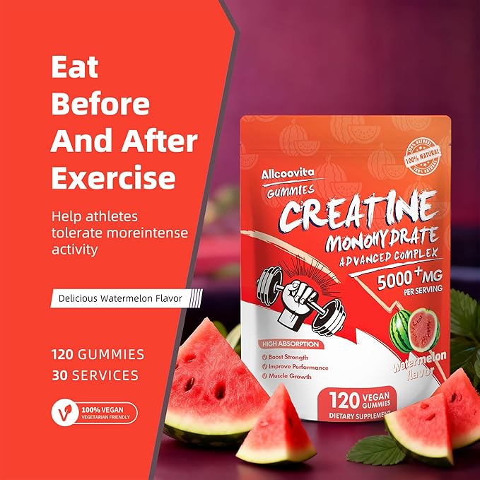 Creatine Monohydrate Gummies 5000mg for Men & Women -120 Gummies Advanced Formula, Muscle Strength, Muscle Builder, Energy Boost, Pre-Workout Supplement-Watermelon