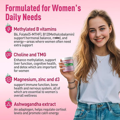 Methylated Multivitamin for Women Gummies, Methyl B Complex Vitamins with D3 Zinc Choline TMG for Energy & Nervous System, Vegan, Sugar Free, 60 Count