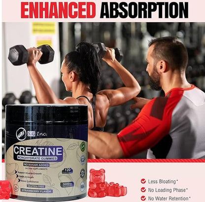 S.G Creatine Monohydrate Gummies for Men & Women ‒ Sugar Free - Vegan - 5g Creatine for Muscle Support ‒ Pre-Work Out Chewable Supplements for Energy Boost ‒ Strawberry Flavored 120ct Gummies.