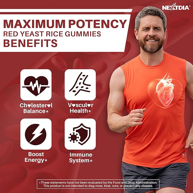 Red Yeast Rice Gummies 2400MG with CoQ10, Suagr Free Balanced Chṏlesterṏl Supplements Plus Citrus Bergamot, Plant Sterols & Stanols Supports Vḁsculḁr Health, Energy, Immunity for Age 50+,Vegan,60 Cts