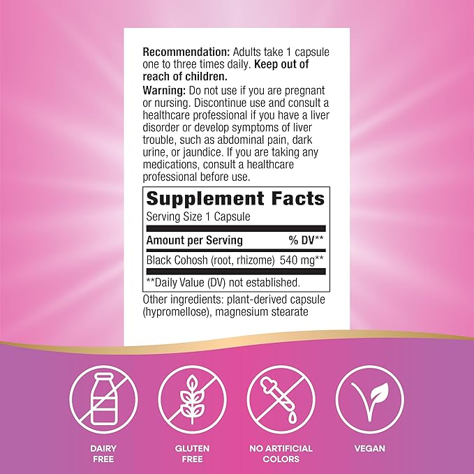 Nature's Way Black Cohosh Root, Traditional Support for Women's Health*, 540 mg per Serving, Non-GMO Project Verified, 100 Capsules (Packaging May Vary)