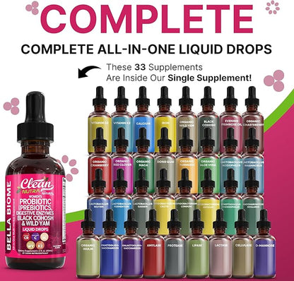 Liquid Probiotics for Women Drops with Chasteberry, Black Cohosh, Prebiotics, Digestive Enzymes, Evening Primrose Oil, Wild Yam, Cranberry Dmannose and Iron Vitamin D3 K2 Clean Nutra Bella Biotics (2)