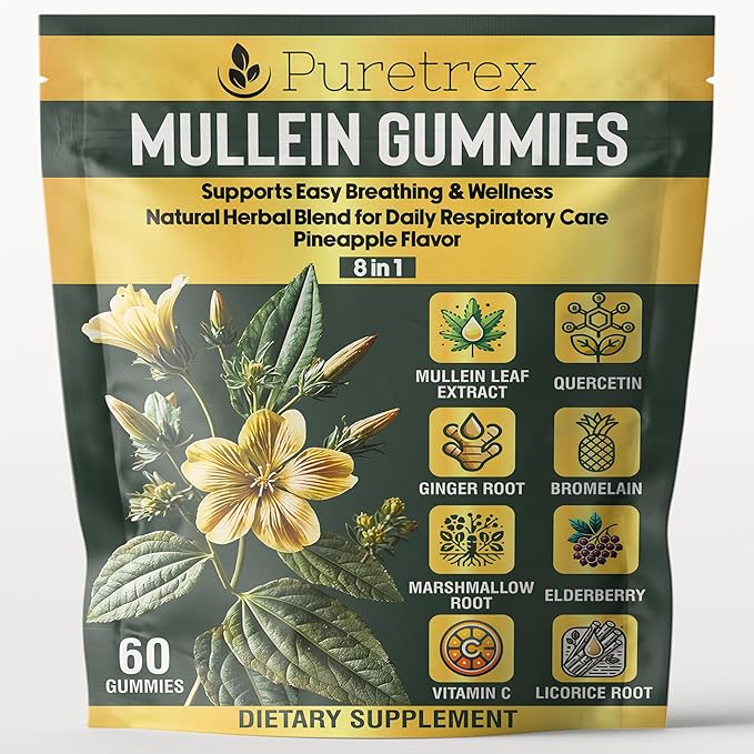 Mullein Gummies, 8-in-1 Natural Herbal Blend, Pineapple Flavor, 60 Count, Respiratory Support Supplement with Elderberry, Vitamin C, Ginger Root