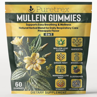 Mullein Gummies, 8-in-1 Natural Herbal Blend, Pineapple Flavor, 60 Count, Respiratory Support Supplement with Elderberry, Vitamin C, Ginger Root