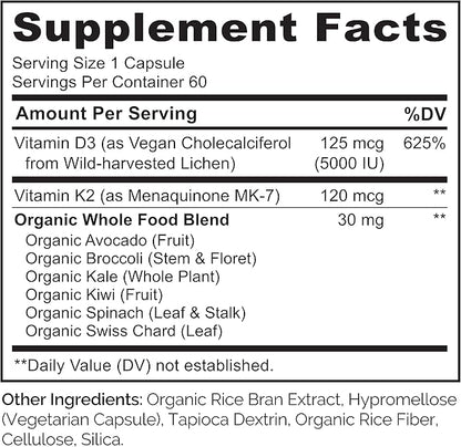 NATURELO Vitamin D3 K2 - Vegan with Plant Based D3 from Lichen - Natural Supplement for Immune System, Bone Support, Heart Health - Whole Food - Non-GMO - Gluten Free, 60 Capsules