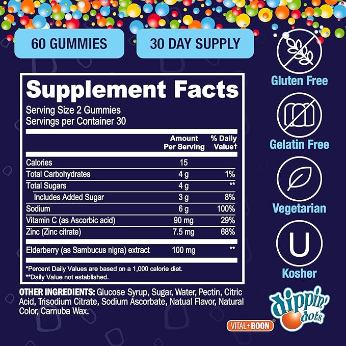 Dippin' Dots - Sambucus Elderberry + Vitamin C + Zinc Immune Support Gummies - Black Elderberry Gummies for Adults & Kids, Gelatin Free Gluten Free Immune Support Supplement for Women & Men (60 Count)