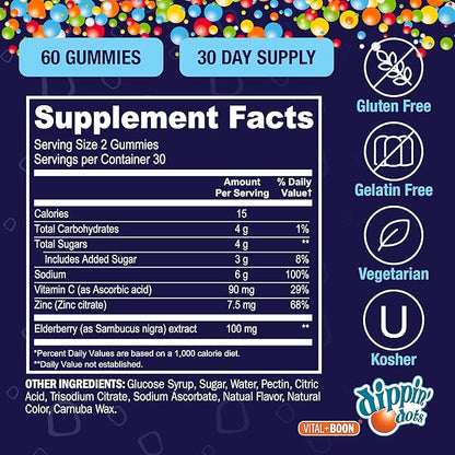 Dippin' Dots - Sambucus Elderberry + Vitamin C + Zinc Immune Support Gummies - Black Elderberry Gummies for Adults & Kids, Gelatin Free Gluten Free Immune Support Supplement for Women & Men (60 Count)