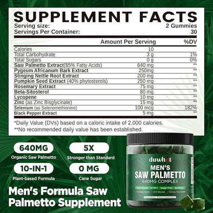 duwhot Saw Palmetto Gummies for Men, Organic Saw Palmetto with Pumpkin Seed Oil for Men Overall Health, Enhanced with Pygeum, Nettle, Sugar-Free, Vegan, 60 Chewables