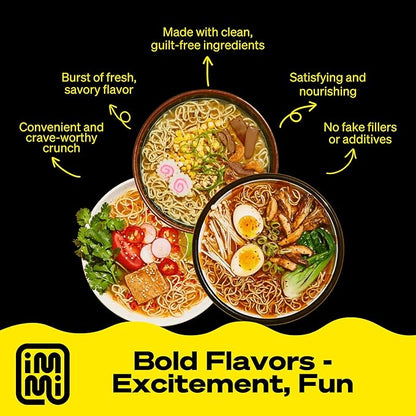 immi Variety Pack Ramen – Spicy “Beef,” Black Garlic “Chicken” & Tom Yum “Shrimp” – Vegan, High Protein Ramen Noodles – Low Carb, Zero Sugar – Healthy Keto-Friendly Ramen Bowls, 6-Pack
