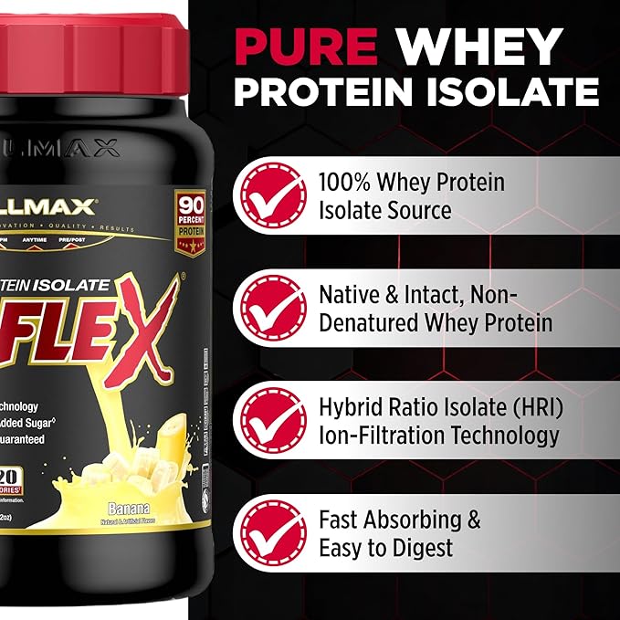 ALLMAX ISOFLEX Pure Whey Isolate Protein Powder - Gluten Free, Low Lactose, Sugar-Free - High-Protein, Clean, Keto-Friendly for Pre Post Workout Supplement for Women and Men | Banana, 2lb