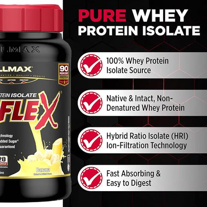 ALLMAX ISOFLEX Pure Whey Isolate Protein Powder - Gluten Free, Low Lactose, Sugar-Free - High-Protein, Clean, Keto-Friendly for Pre Post Workout Supplement for Women and Men | Banana, 2lb