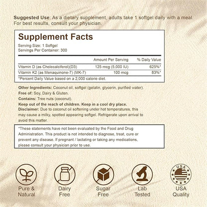 2-in-1 Vitamin D3 K2 Supplement Softgel, Vitamin D3 5000 IU and Vitamin K2 100 mcg, K2 MK7 with D3 Vitamin Supplement Support Immune, Heart, Joint, Teeth & Bone Health