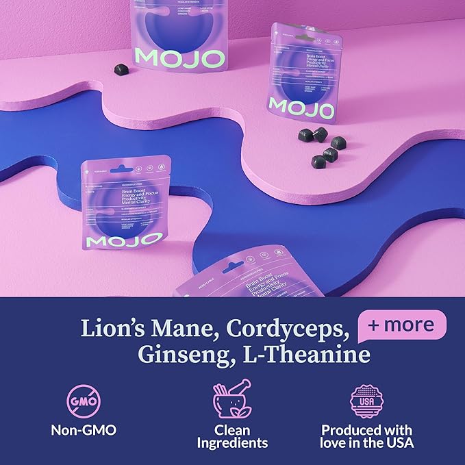 Mojo Focus Gummies w/Lion’s Mane, Panax Ginseng, Ginger Root, Cordyceps, Brain Supplement Memory/Focus Support Adults Nootropic Mushroom Gummies, Blueberry Lavender, Regular Strength (2 Pack)