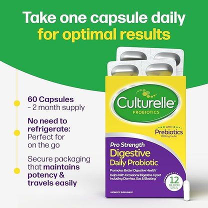 Culturelle Pro Strength Daily Probiotics For Digestive Health (2 Month Supply) with Prebiotics for Women & Men, Supports Occasional Diarrhea, Gas & Bloating, Gluten & Soy Free, 60 Count