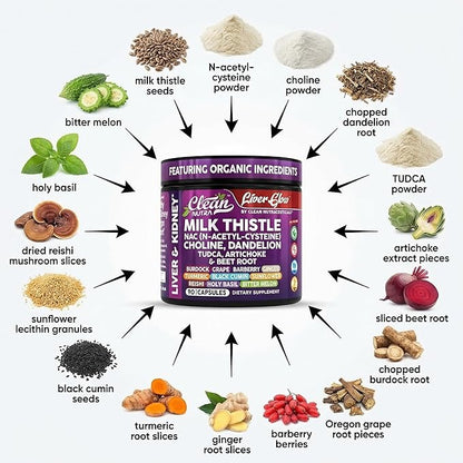 Clean Nutra Organic Milk Thistle Supplement | Liver Cleanse Detox & Repair + NAC Choline Dandelion Root TUDCA Artichoke Beet Root Burdock Holy Basil Kidney & Liver Support 90 Vegan Capsules