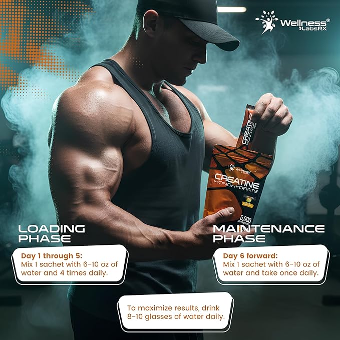 WELLNESS LABSRX Creatine Monohydrate Powder Sachets 300g – Mango Flavor Micronized Creatine Powder Supplement, Creatine for Women and Men, Supports Muscle Strength, Energy, Performance - 60 Servings