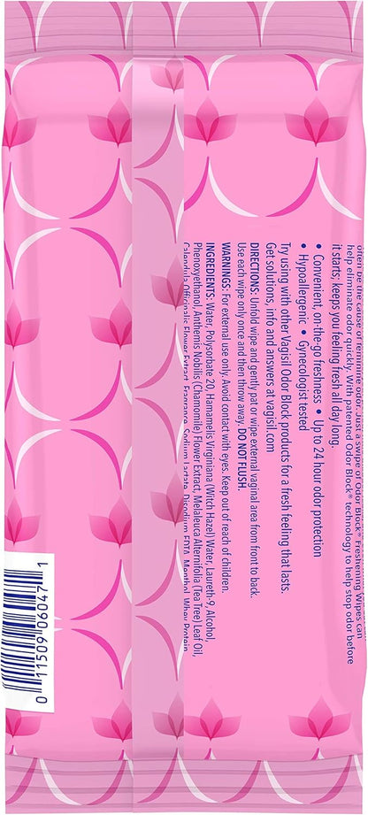 Vagisil Odor Block Daily Freshening Wipes for Feminine Hygiene in Resealable Pouch, Gynecologist Tested & Hypoallergenic, 20 Wipes (Pack of 1)